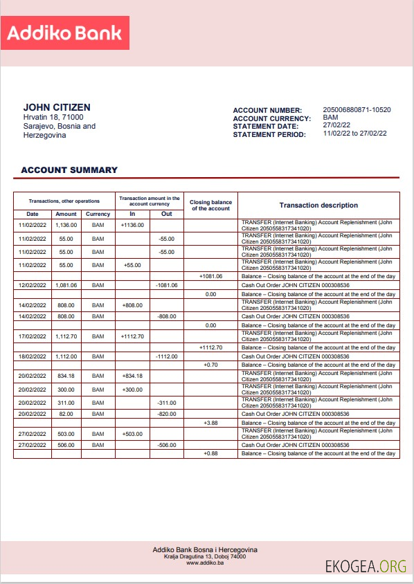 Modèle de relevé bancaire Addiko de Bosnie Herzégovine au format Word et PDF